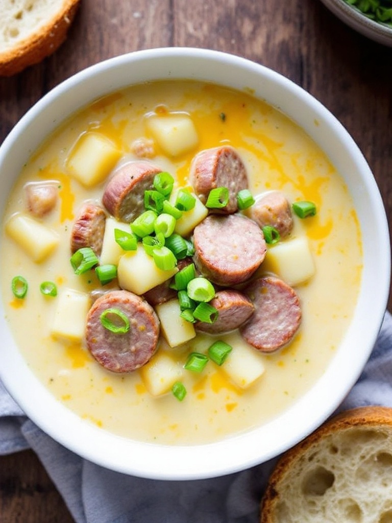Savory Beer Cheese Potato Soup with Sausage Creamy beer cheese potato soup with sausage and garnished with green onions, on a rustic wooden table with bread.