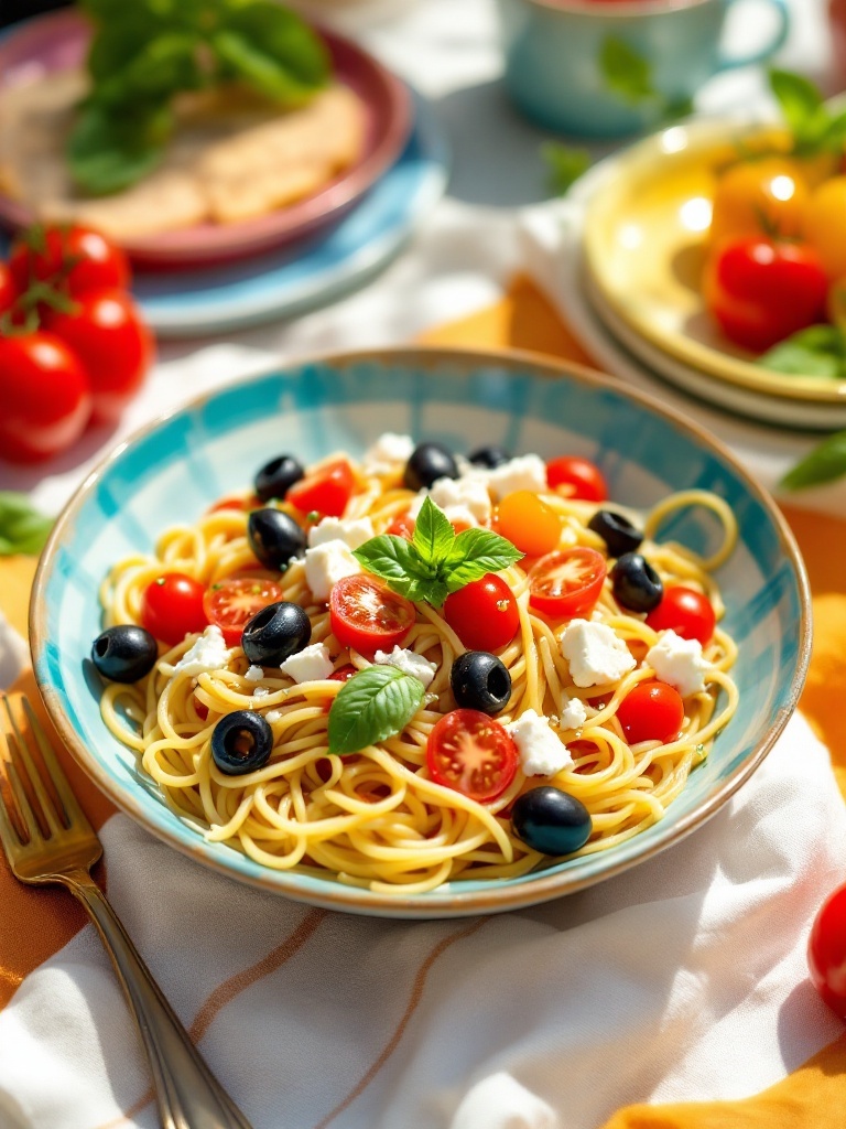 Quick and Tasty 15 Minute Greek Pasta Recipe A colorful bowl of Greek pasta with cherry tomatoes, olives, and feta cheese, garnished with basil on a sunny table.