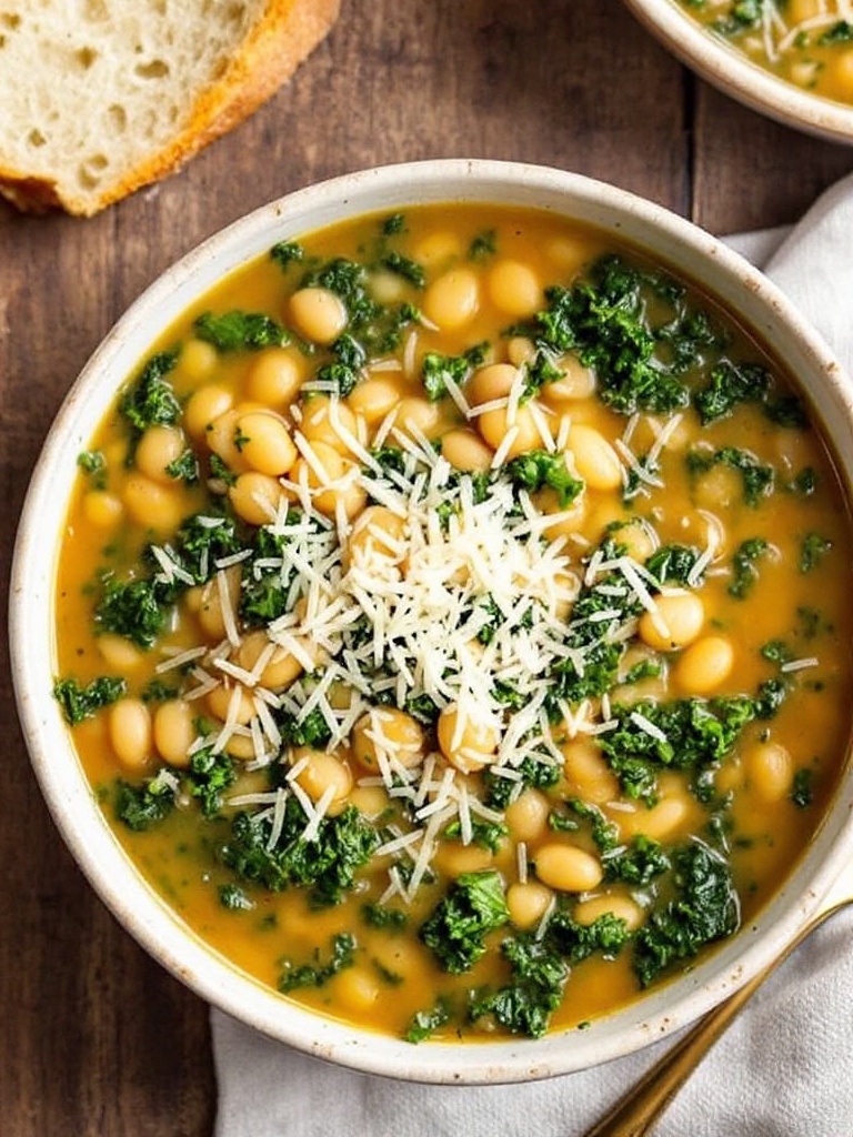 Quick and Delicious 30 Minute White Bean Soup with Kale A warm bowl of white bean soup with kale, garnished with Parmesan cheese, accompanied by crusty bread on a wooden table.