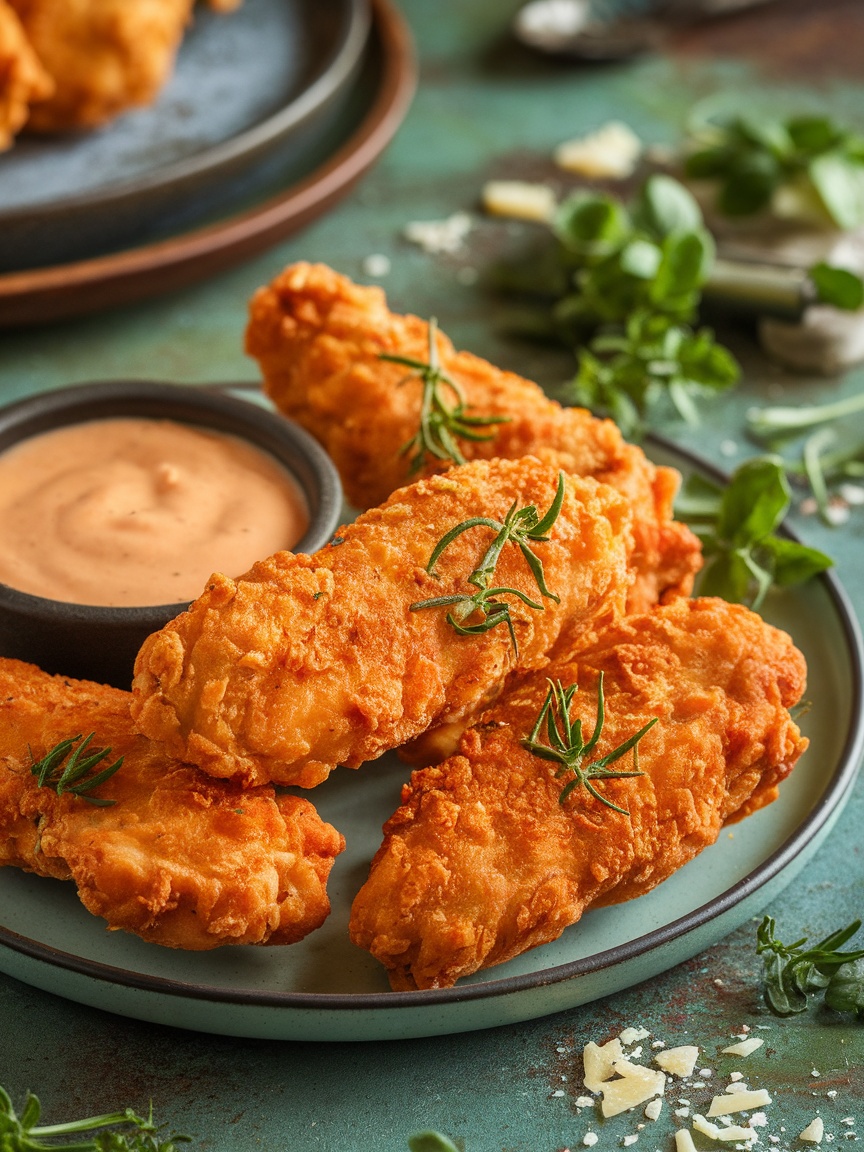 Quick and Crispy 15-Minute Air Fryer Chicken Tenders Crispy air fryer chicken tenders with dipping sauce on a rustic table.