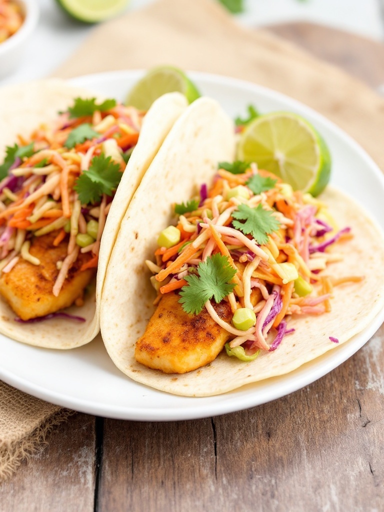 Quick and Flavorful 20 Minute Baked Fish Tacos with Slaw Baked fish tacos with slaw on a wooden table, garnished with cilantro and lime.