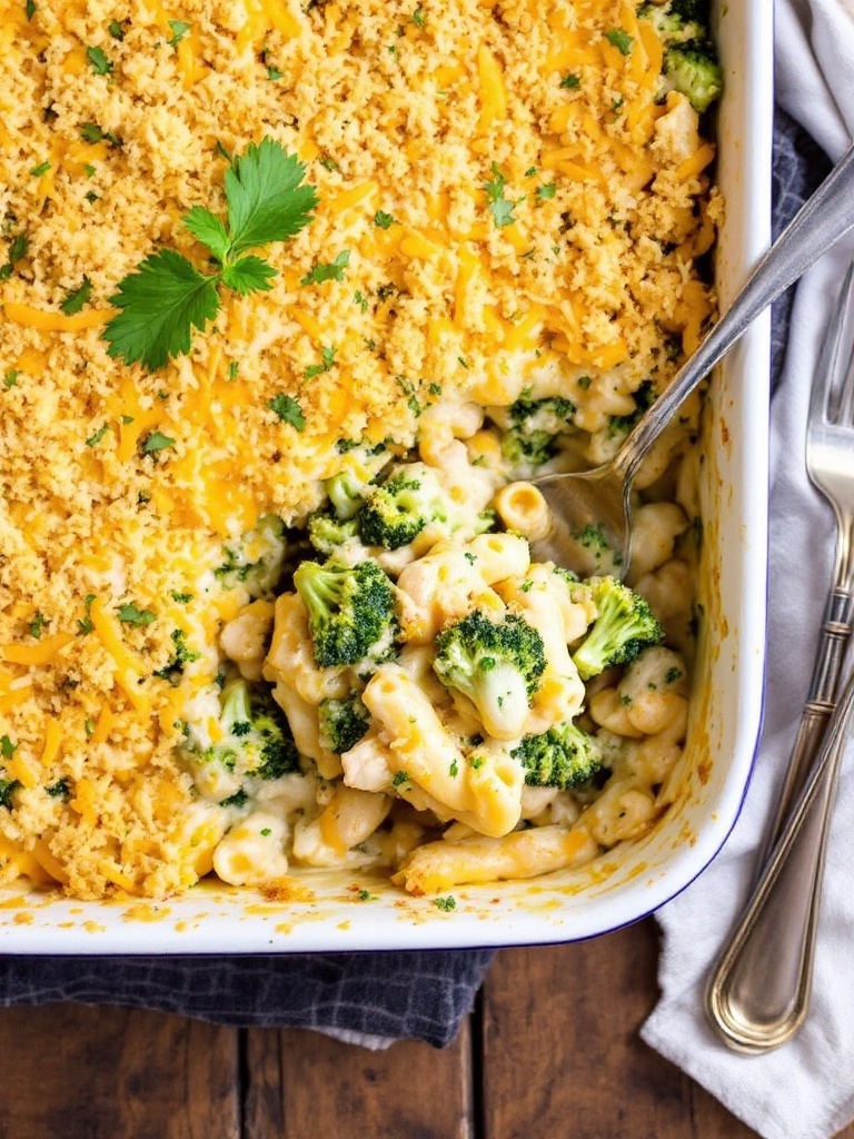 Quick and Delicious 30 Minute Broccoli Cheddar Chicken Pasta Bake Broccoli cheddar chicken pasta bake in a casserole dish, golden and cheesy, with fresh parsley on top.
