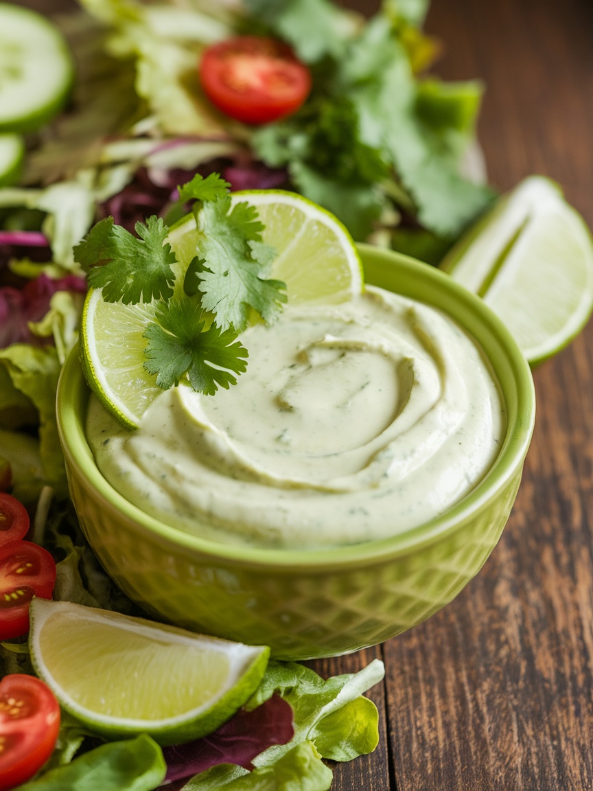 Quick and Creamy Avocado Lime Ranch Dressing Recipe Creamy avocado lime ranch dressing in a bowl with salad ingredients around it, on a rustic table.