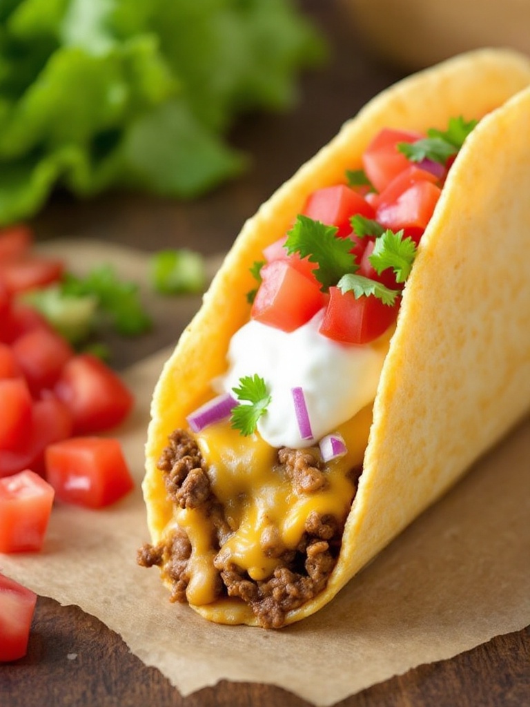 Quick and Cheesy Gordita Crunch Recipe Cheesy Gordita Crunch with a crispy taco shell, melted cheese, and toppings on a rustic plate.