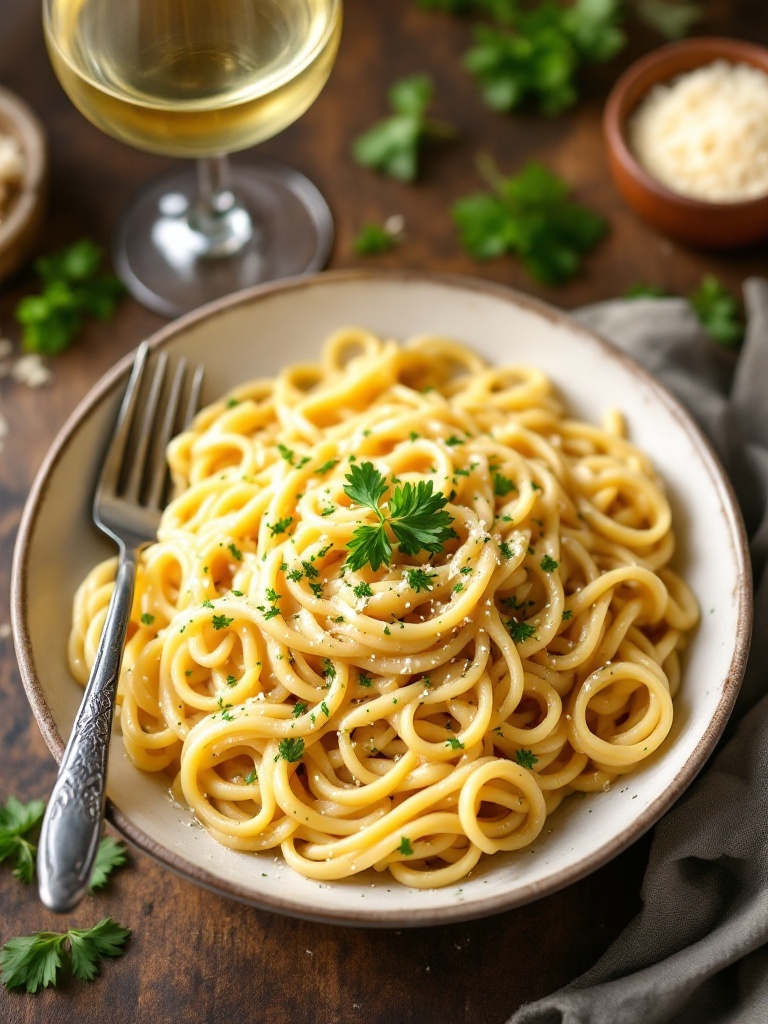 One-Pot Creamy Garlic Parmesan Pasta Recipe A bowl of creamy garlic parmesan pasta garnished with parsley, served on a rustic table with wine and parmesan.
