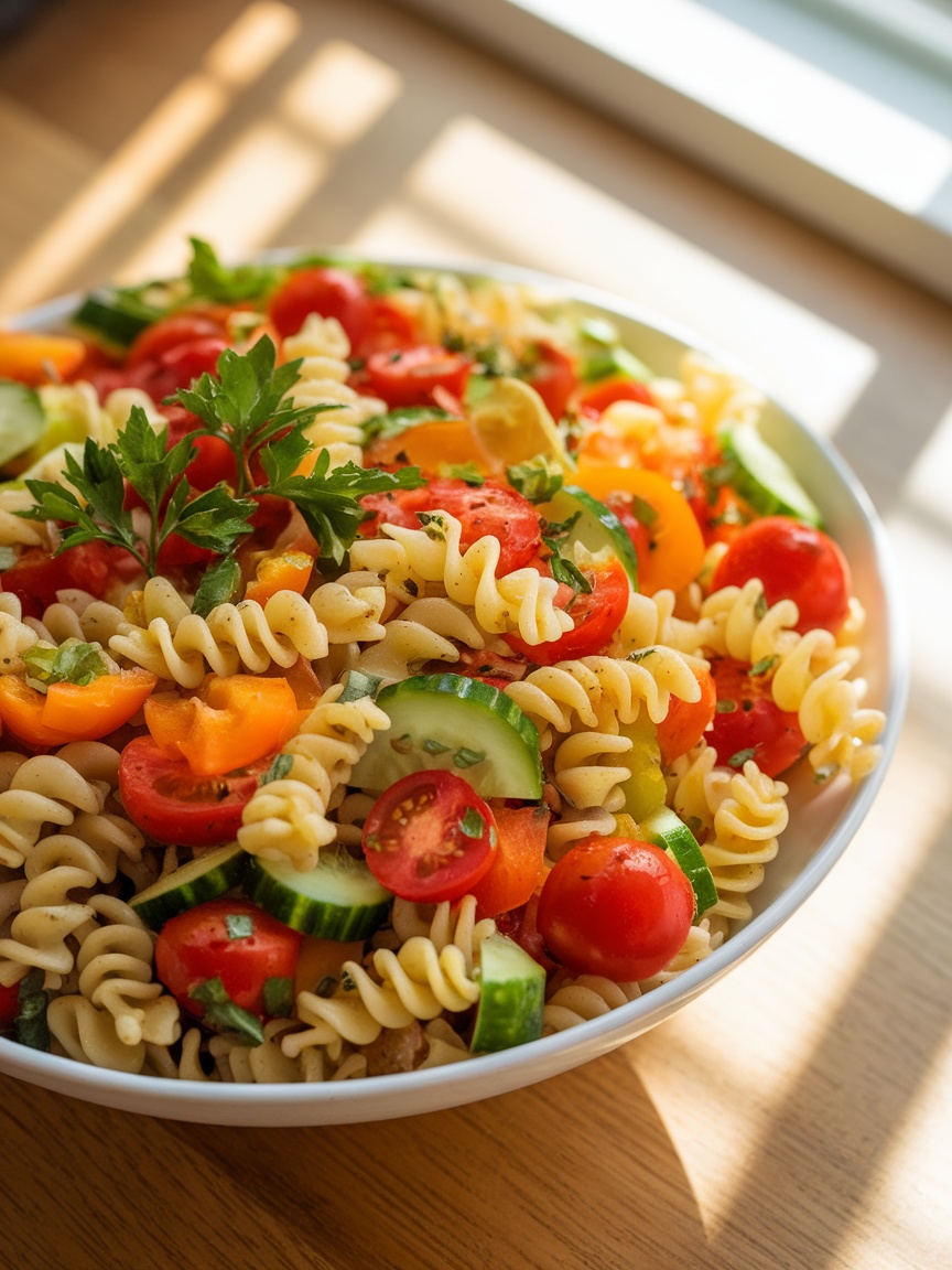 Quick and Flavorful 20-Minute Vegan Pasta Salad A colorful bowl of vegan pasta salad with tomatoes, cucumbers, and bell peppers, garnished with parsley on a kitchen table.