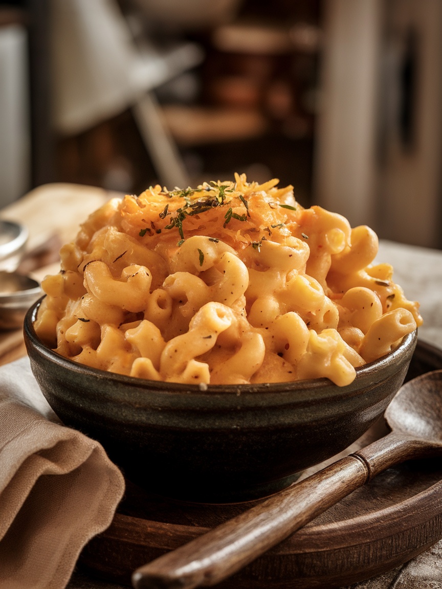 The Best Crock Pot Mac and Cheese Recipe A bowl of creamy macaroni and cheese with melted cheese, garnished with herbs, on a rustic table.