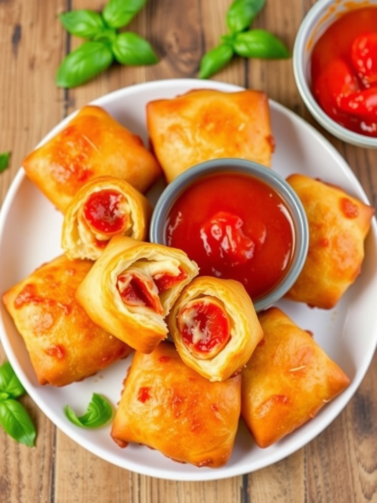 Crispy Air Fryer Pizza Rolls Recipe Crispy air fryer pizza rolls served with pizza sauce, on a wooden table with basil.