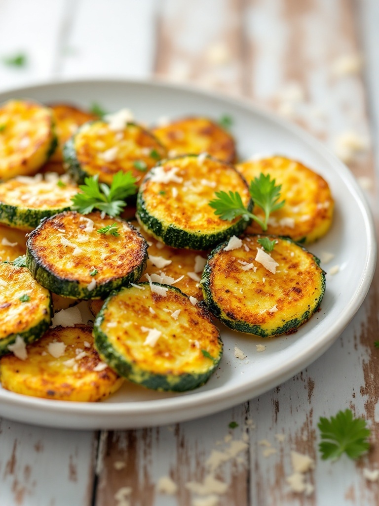Quick and Tasty 10 Minute Air Fryer Zucchini Air fryer zucchini rounds garnished with parsley and Parmesan on a rustic wooden table.