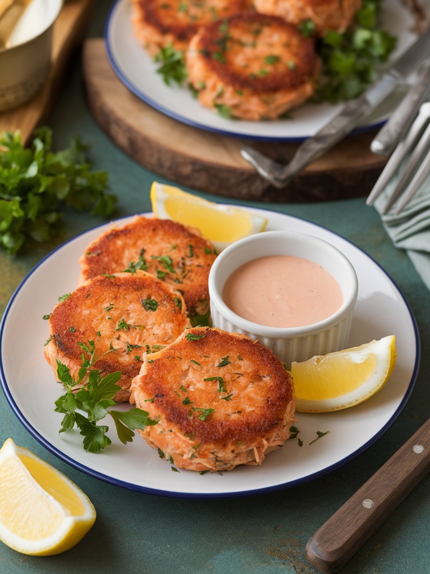 Quick and Delicious 20 Minute Salmon Fish Cakes Delicious salmon fish cakes on a plate with lemon wedges and parsley.