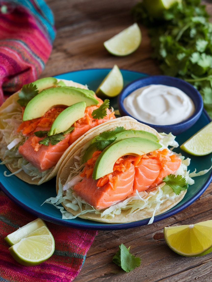 Quick and Delicious 10 Minute Salmon Tacos Recipe Delicious salmon tacos topped with cabbage, avocado, and cilantro on a wooden table with lime wedges.