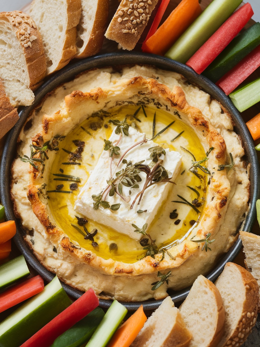 Delicious Creamy Baked Feta Cheese Dip Recipe Creamy baked feta cheese dip with herbs, served with crusty bread and vegetable sticks.