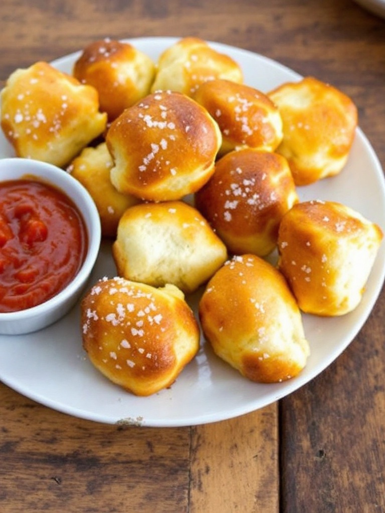 Delicious Pizza Dough Pretzel Bites Recipe Golden pizza dough pretzel bites on a plate with marinara sauce, perfect for snacking.