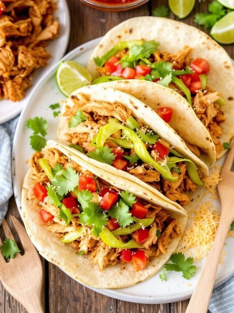 Simple 3 Ingredient Slow Cooker Chicken Tacos Recipe Delicious 3 Ingredient Slow Cooker Chicken Tacos topped with lettuce and tomatoes on a wooden table.
