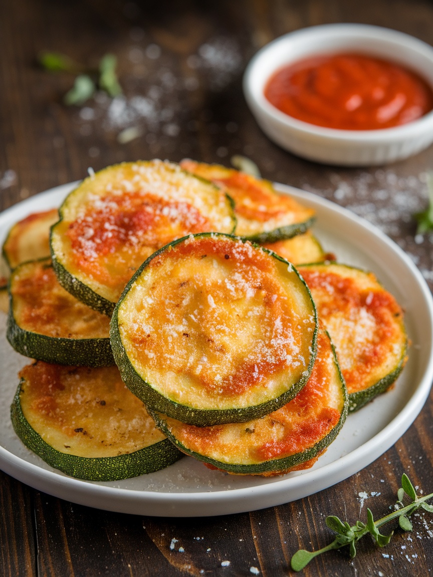 Quick and Crispy 10 Minute Air Fryer Zucchini Crispy air fryer zucchini rounds garnished with Parmesan cheese on a plate with marinara sauce.