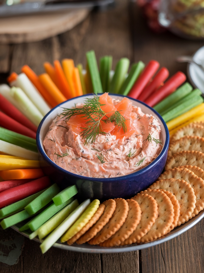 Quick and Flavorful 10 Minute Smoked Salmon Dip A creamy smoked salmon dip with dill, served with vegetables and crackers on a rustic table.