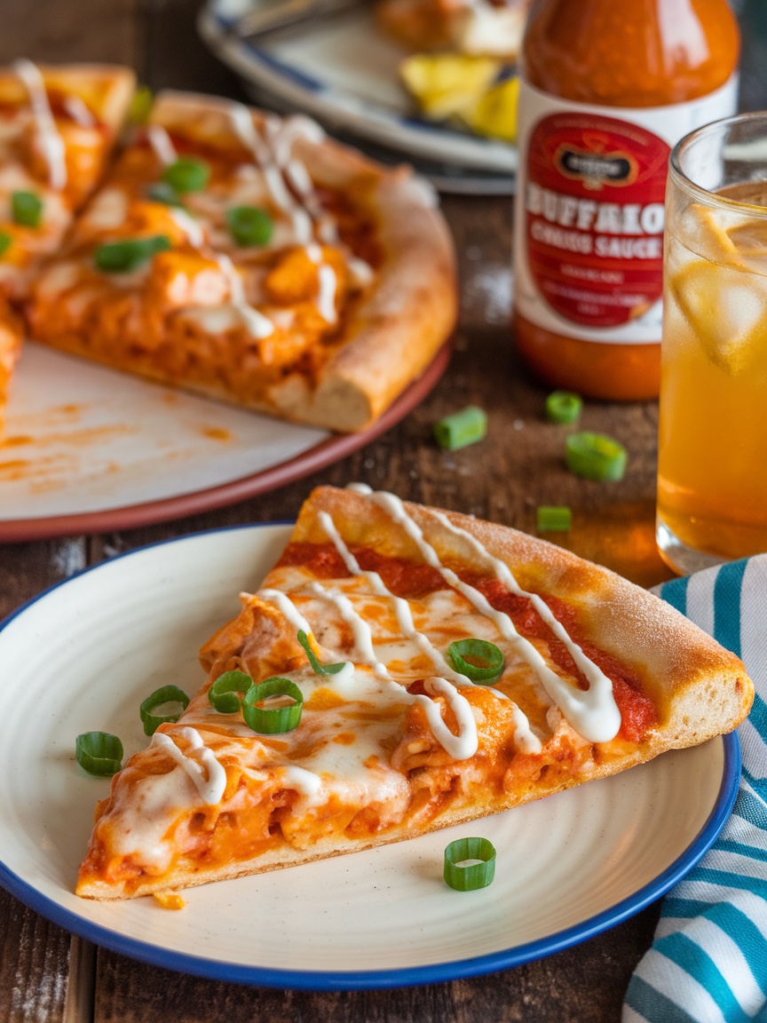 Spicy Buffalo Chicken Pizza Recipe A slice of spicy Buffalo Chicken Pizza on a rustic table with ranch dressing.