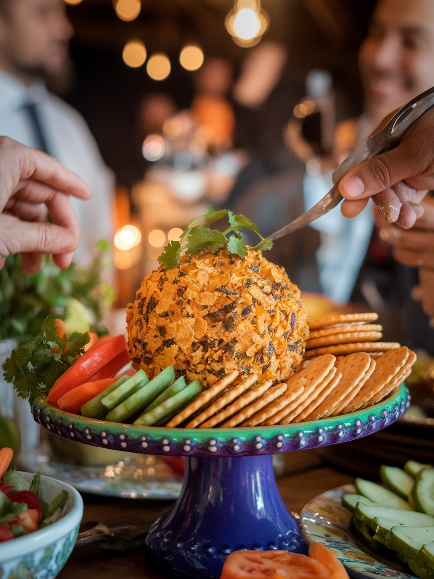 Spicy Jalapeno Popper Cheese Ball Recipe A delicious Jalapeno Popper Cheese Ball on a platter with crackers and fresh veggies, ready for serving.