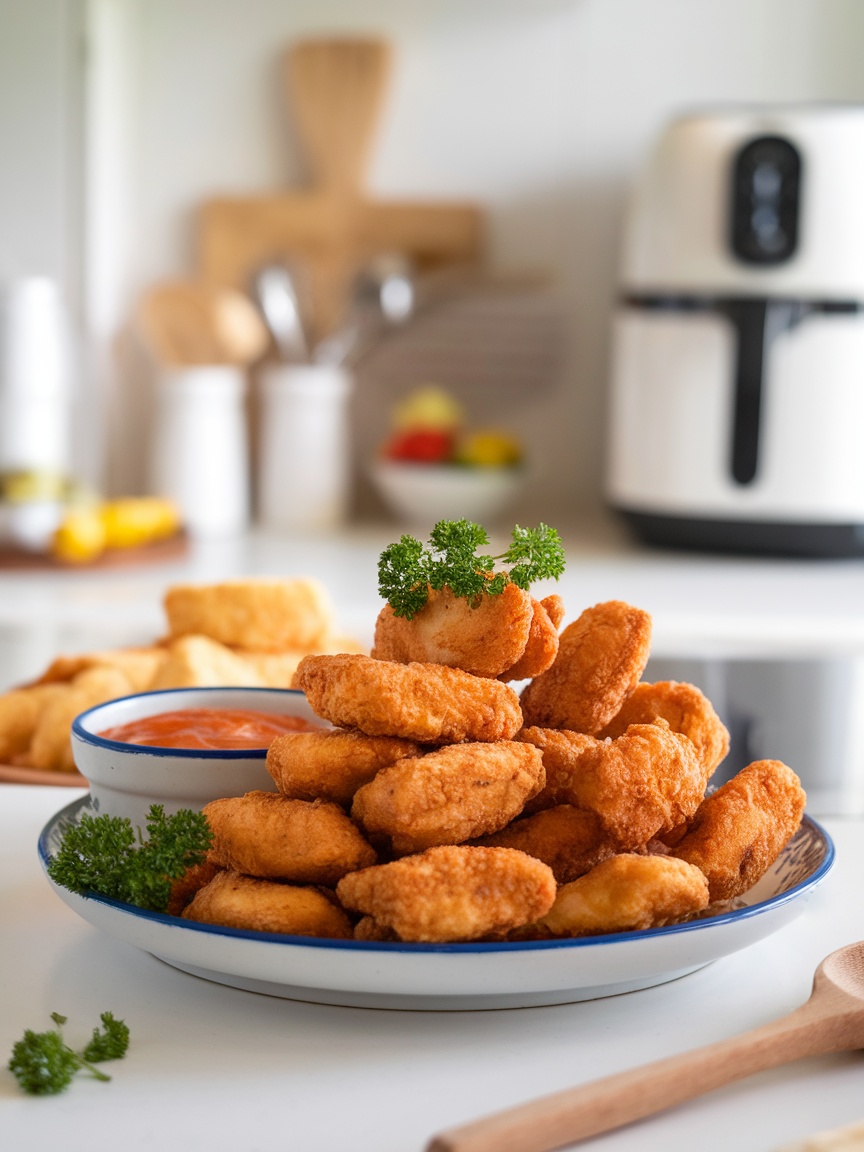 Quick and Tasty Air Fryer Chicken Nuggets Recipe Crispy air fryer chicken nuggets served with dipping sauce on a plate.