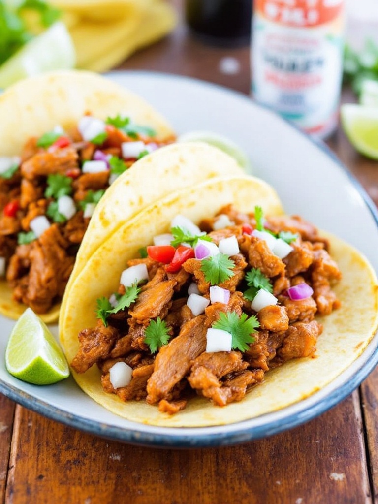 Crispy Slow Cooker Pork Carnitas Recipe Crispy pork carnitas in corn tortillas garnished with cilantro and lime on a rustic table.
