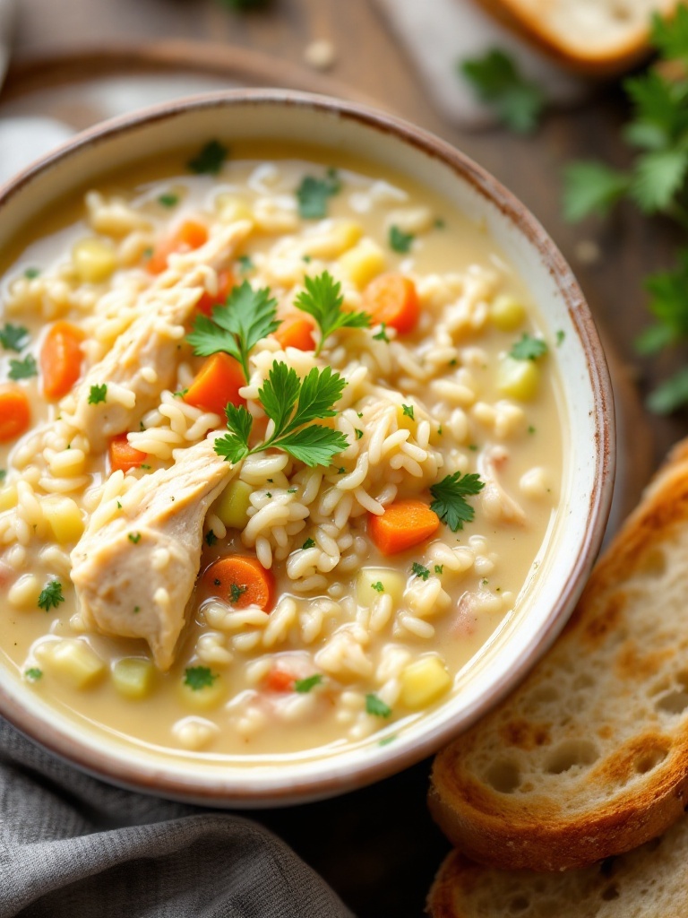 Creamy Instant Pot Chicken Soup with Rice A bowl of creamy chicken soup with rice, garnished with parsley, served with bread on a wooden table.