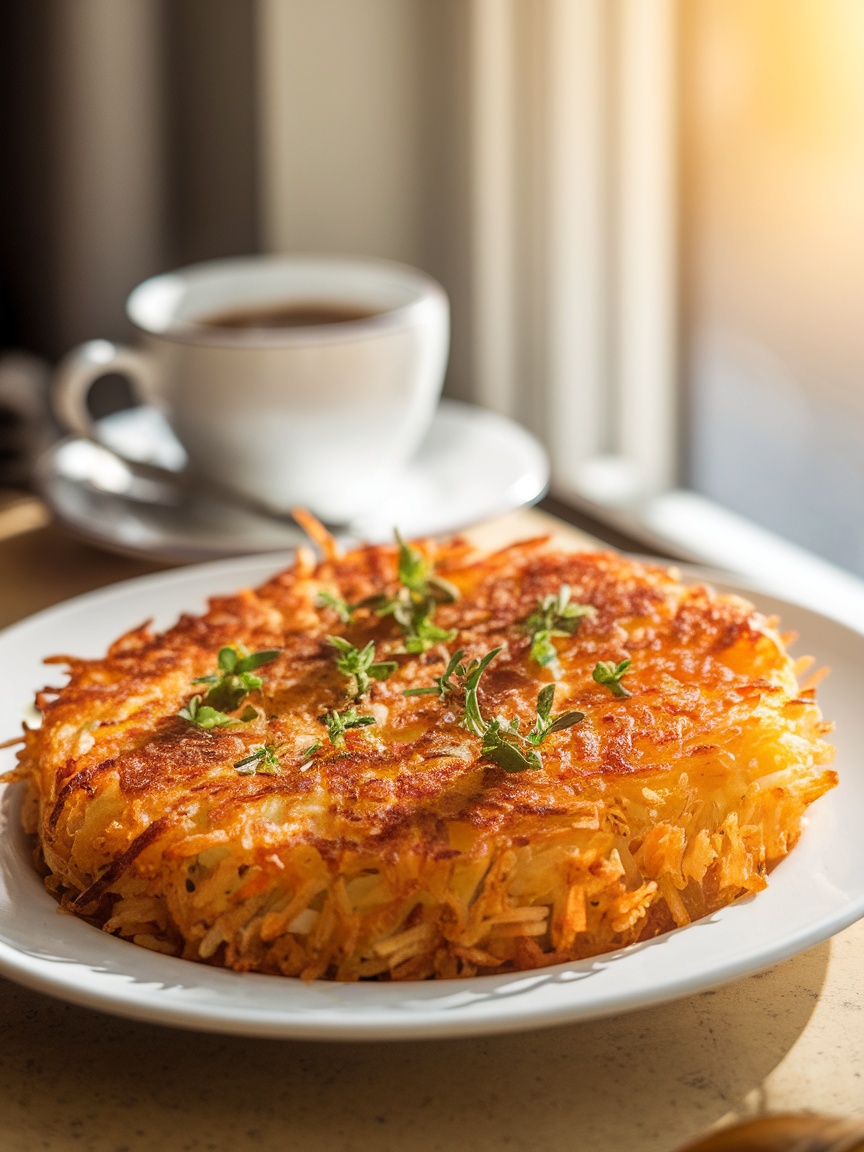 Crispy 10 Minute Air Fryer Hash Browns Recipe Crispy air fryer hash browns on a plate with fresh herbs, set on a breakfast table.