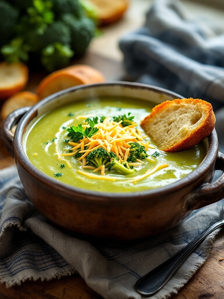 The Best Instant Pot Broccoli Cheddar Soup Recipe A bowl of broccoli cheddar soup with cheese garnish and bread on the side, set against a warm kitchen backdrop.