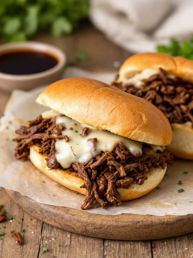 Savory Easy Instant Pot French Dip Recipe Instant Pot French Dip sandwich with shredded beef and provolone cheese, served with au jus for dipping on a rustic wooden table.
