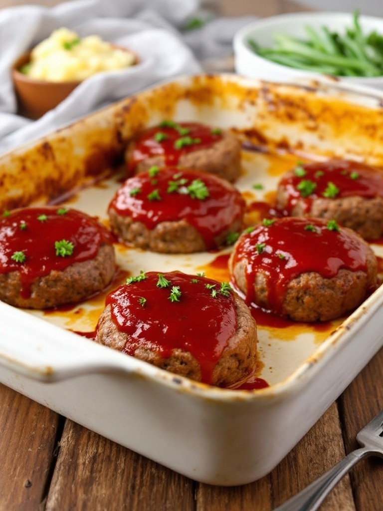 The Easiest Mini Meatloaf Recipe with Italian Flavors Mini meatloaves topped with ketchup and parsley on a rustic table with sides.