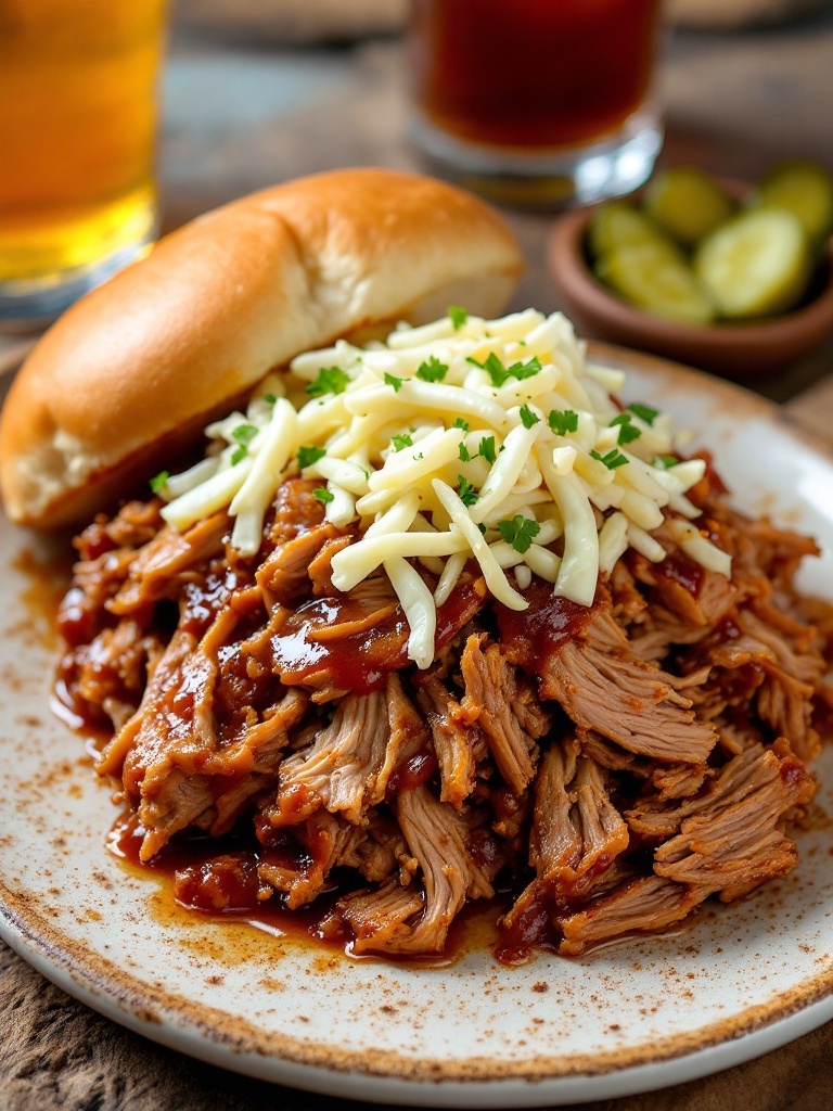 The Best Instant Pot Pulled Pork Recipe Pulled pork sandwich on a bun with coleslaw, served on a rustic table.