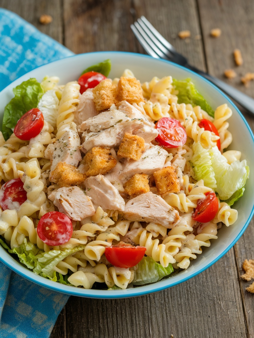 Delicious Chicken Caesar Pasta Salad Recipe A colorful Chicken Caesar Pasta Salad with pasta, chicken, lettuce, and tomatoes in a bowl garnished with Parmesan and croutons.