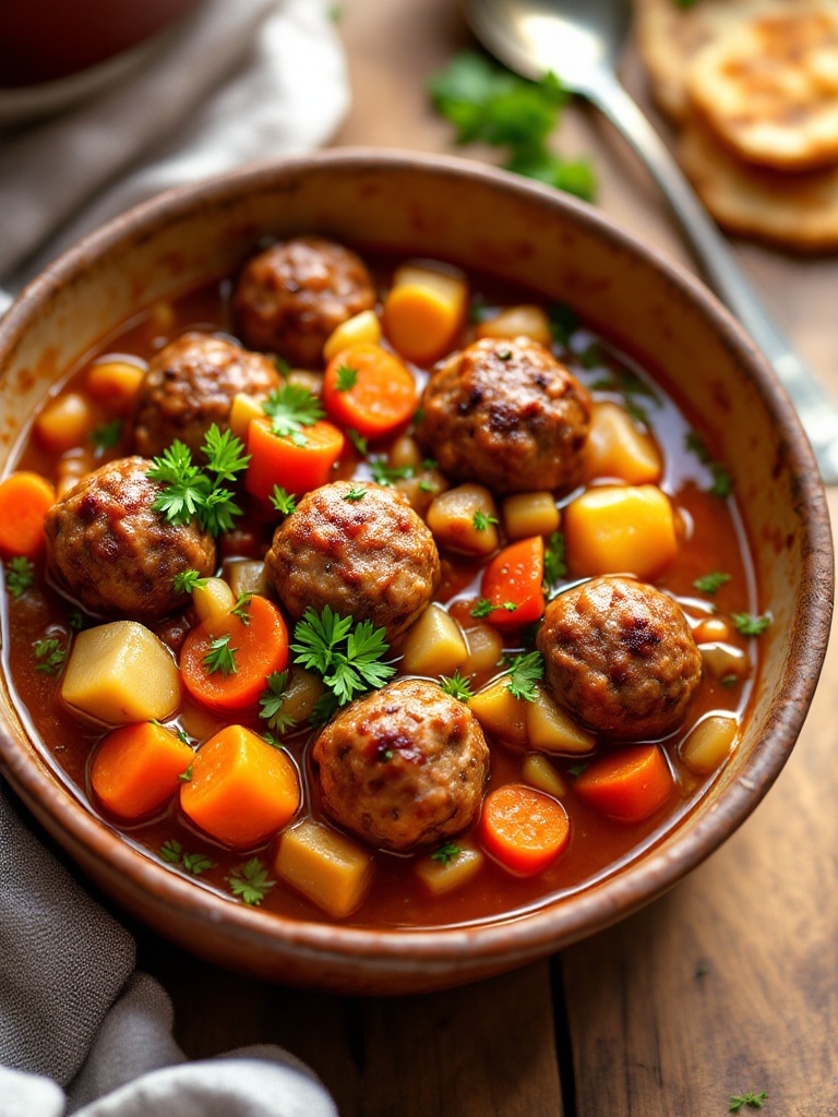 Delicious Easy One-Pot Meatball Stew A bowl of meatball stew with vegetables and fresh parsley, in a cozy kitchen setting.
