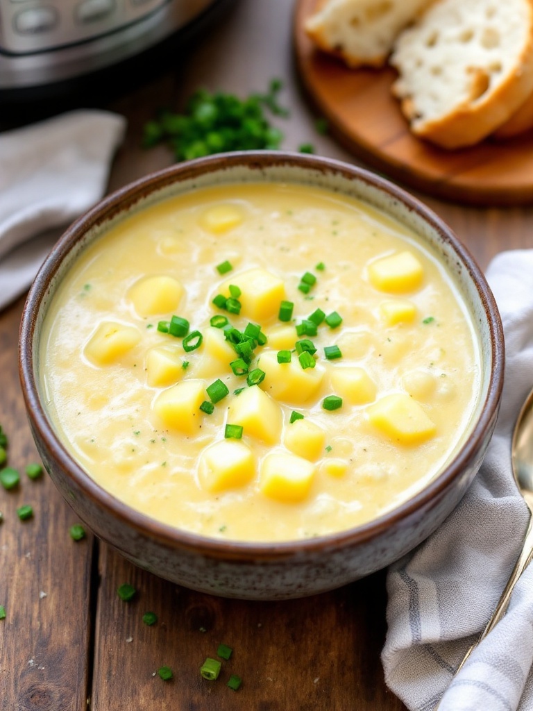 Easiest Instant Pot Potato Soup Recipe A bowl of creamy Instant Pot potato soup with green onion garnish, crusty bread on a rustic table.