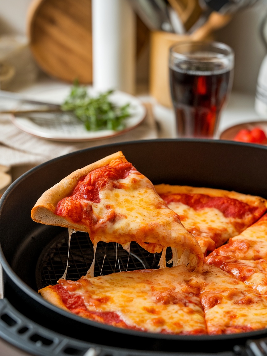 Perfectly Reheated Pizza in the Air Fryer Reheated pizza slice from an air fryer with crispy crust and melted cheese.