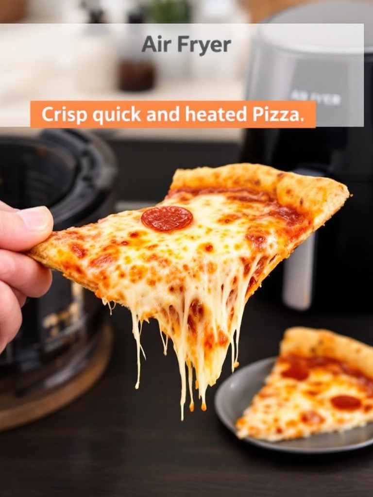 Perfectly Reheated Pizza in the Air Fryer Crispy reheated pizza slice from an air fryer with bubbling cheese and golden crust.