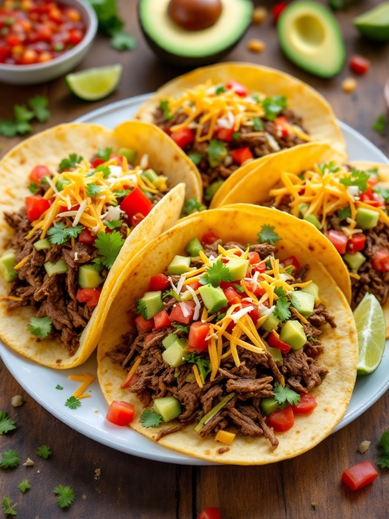The Easiest Slow Cooker Shredded Beef Tacos Recipe Delicious shredded beef tacos with fresh toppings served on a wooden table.