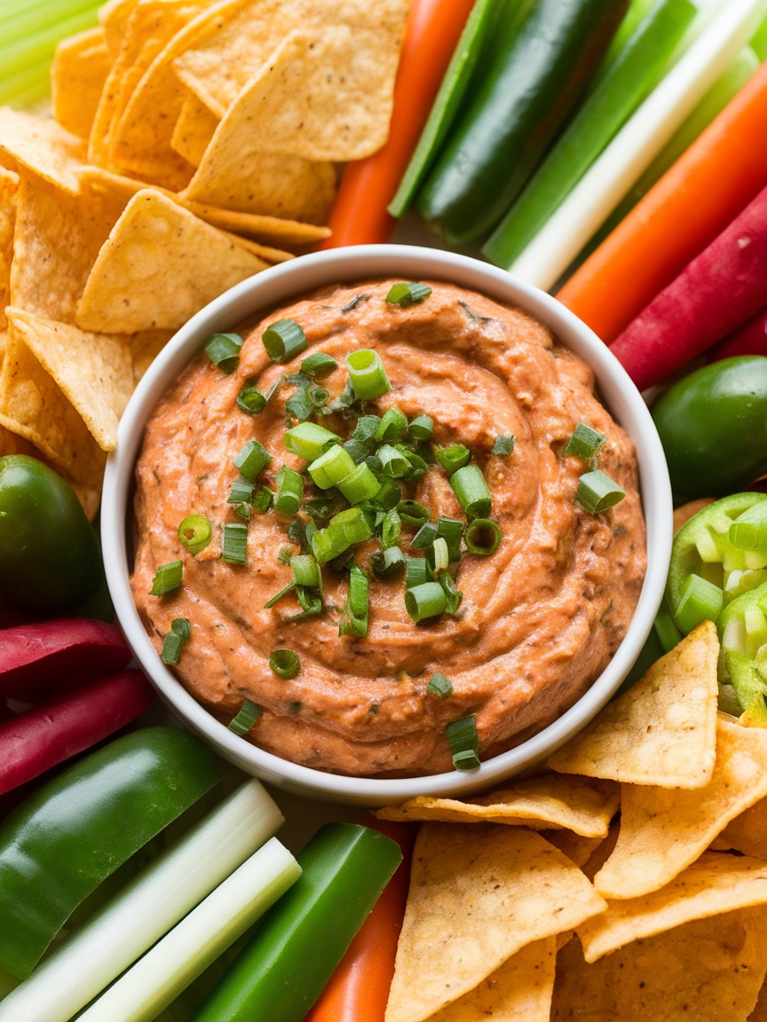 Quick and Delicious Cold Jalapeno Popper Dip Recipe A creamy cold jalapeno popper dip with green onions, served with tortilla chips and vegetable sticks.