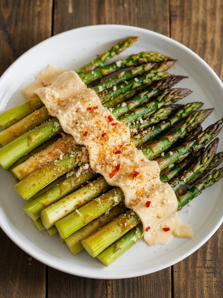 Crispy Air Fryer Asparagus Recipe Crispy air fryer asparagus on a white plate, garnished with Parmesan cheese and red pepper flakes.