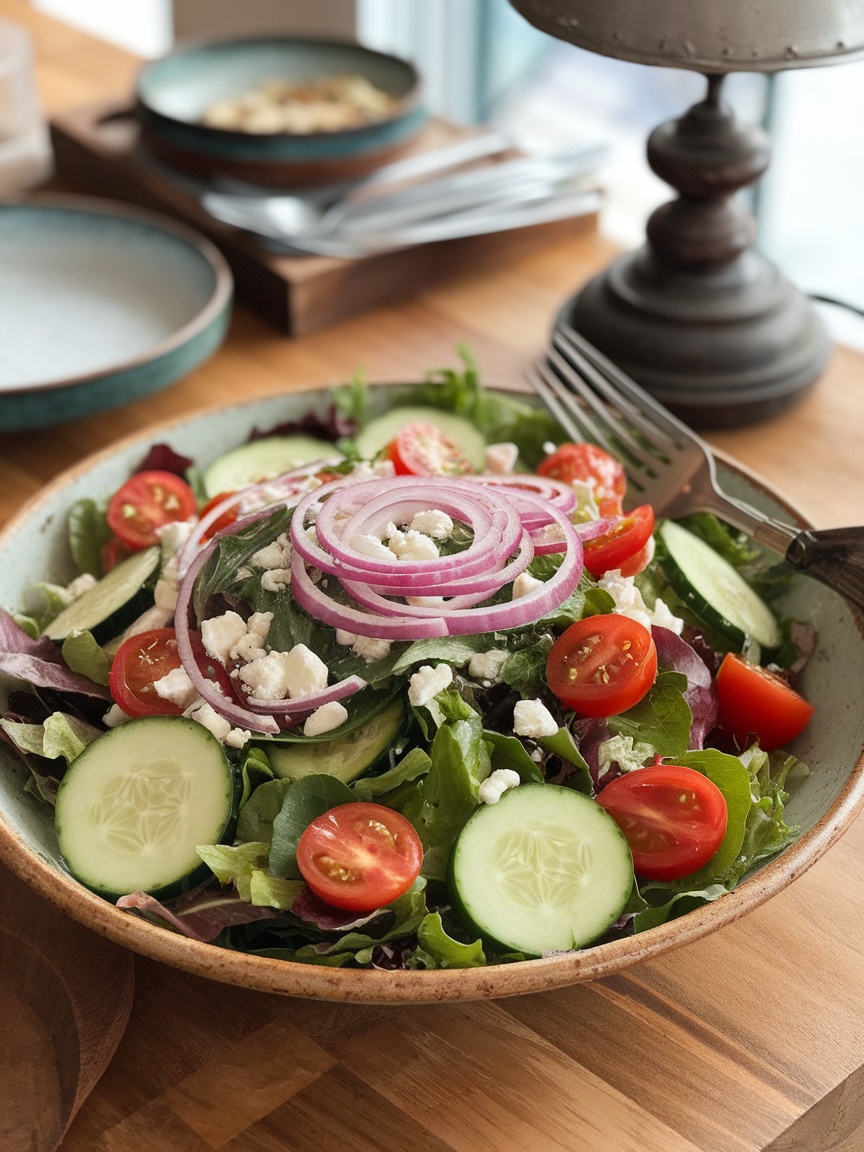 Delicious House Salad Recipe A vibrant house salad with mixed greens, tomatoes, cucumbers, red onion, and feta cheese, presented in a rustic bowl.