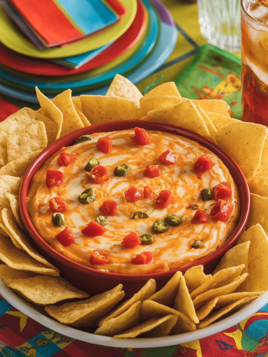 Savory and Cheesy Rotel Dip Recipe A bowl of creamy Rotel dip with tortilla chips, set on a festive table.
