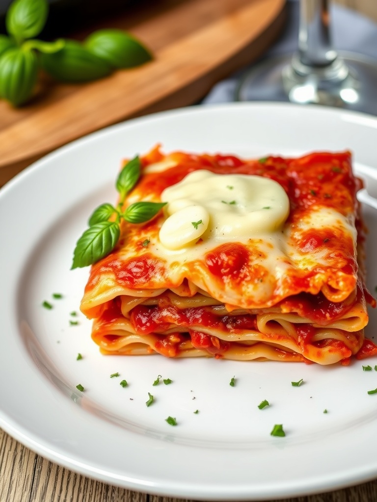 Quick and Delicious Cottage Cheese Lasagna Recipe A delicious slice of cottage cheese lasagna with layers of pasta, marinara sauce, and melted cheese on a plate with basil.