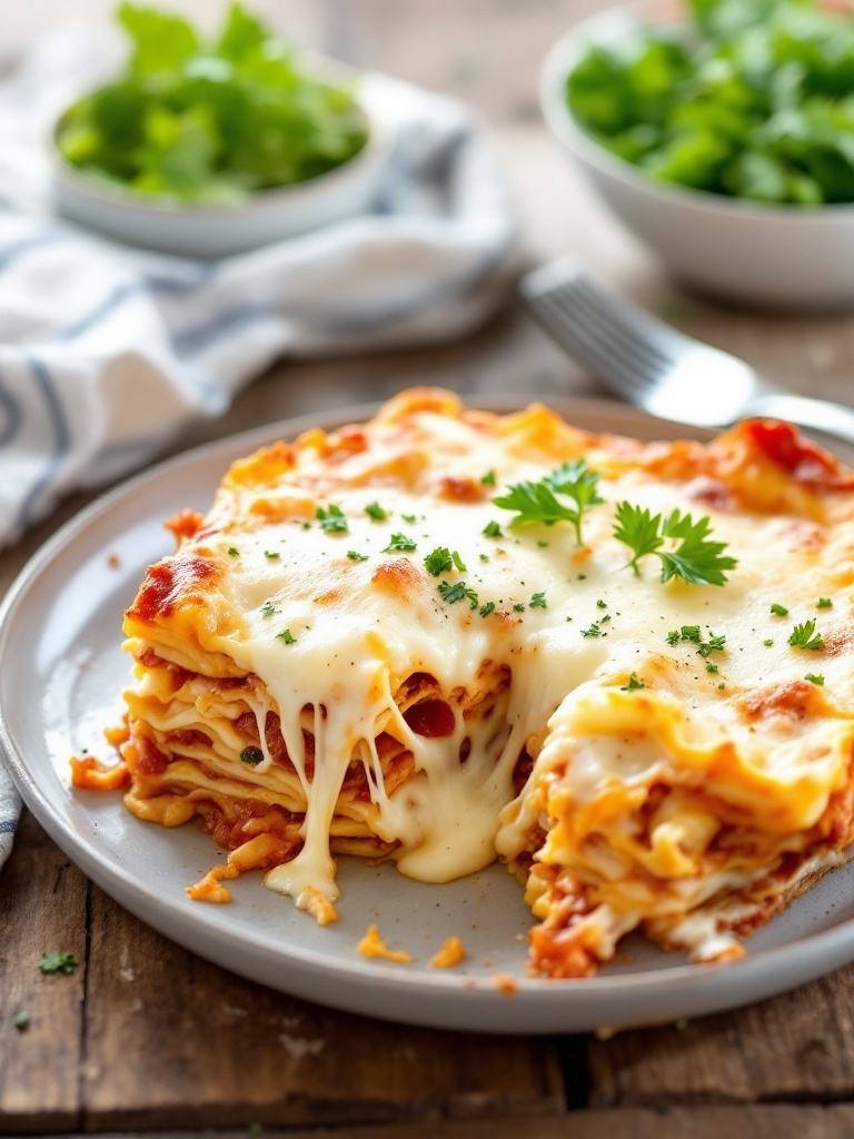 Simple Cottage Cheese Lasagna Recipe A hearty cottage cheese lasagna with golden melted cheese, served on a wooden table with a salad.