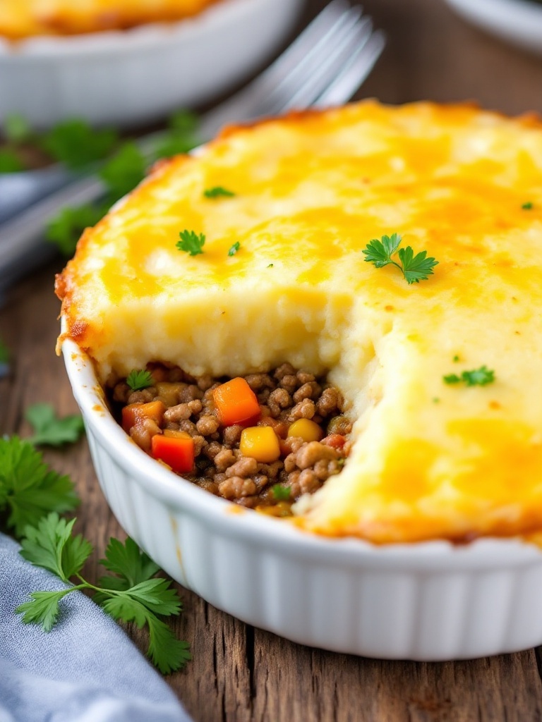 Quick and Easy Cottage Pie Recipe A hearty cottage pie with golden mashed potato topping and ground meat filling, garnished with parsley, on a rustic table.
