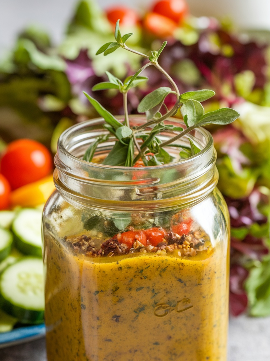 Quick and Zesty 5-Minute Homemade Italian Dressing Recipe A jar of homemade Italian dressing with herbs, set next to fresh salad ingredients.