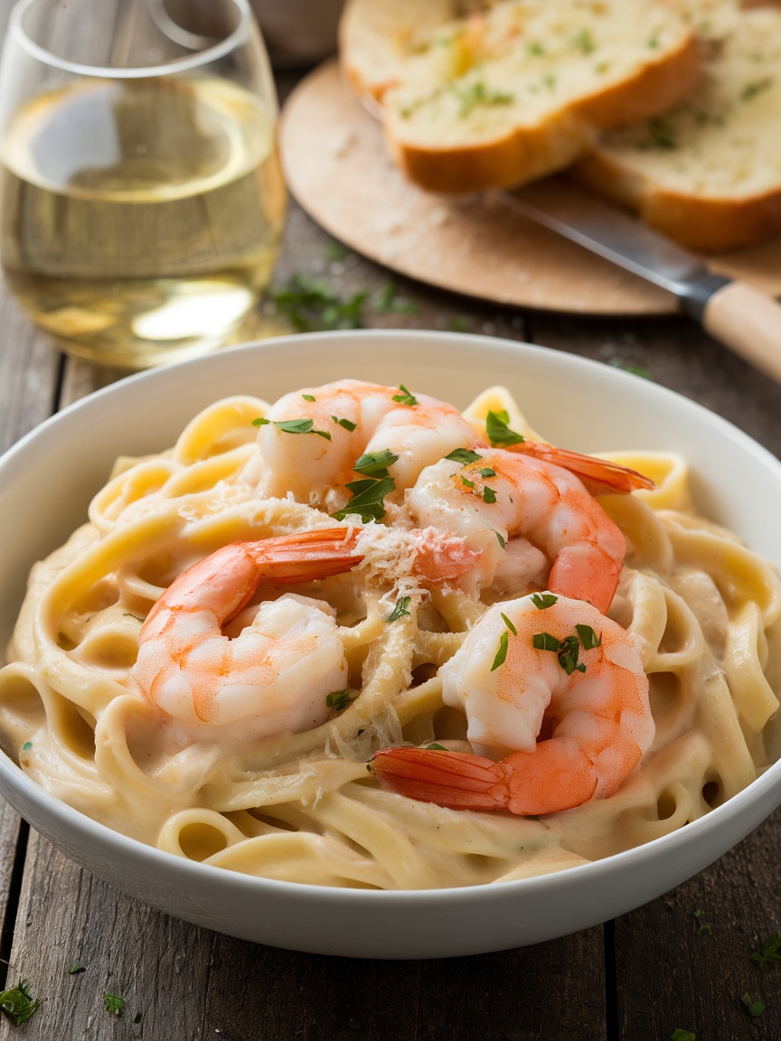 Quick and Delicious Shrimp Alfredo Recipe Creamy shrimp alfredo pasta in a bowl with parsley, Parmesan, and garlic bread on a wooden table.