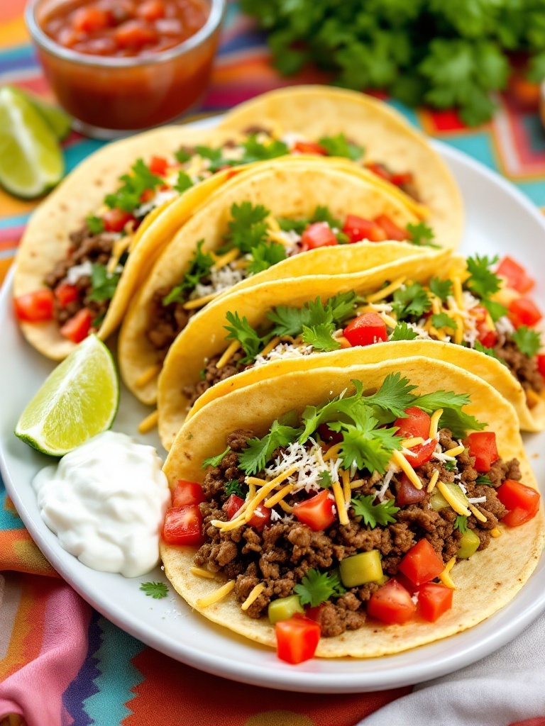 Quick and Delicious 15 Minute Ground Beef Tacos Recipe Colorful plate of ground beef tacos topped with lettuce, tomatoes, and cheese, served with salsa and sour cream.