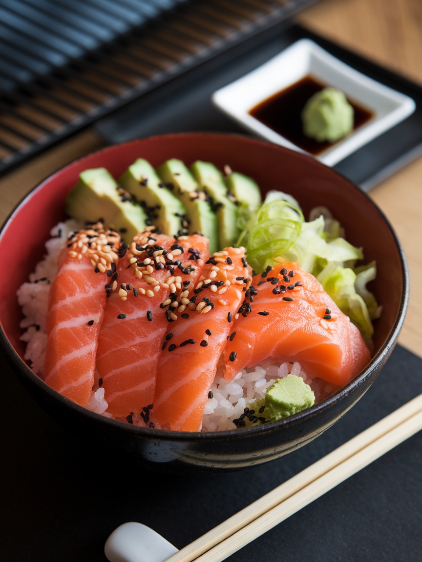 Quick and Flavorful 15 Minute Sesame Salmon Sushi Bowl Colorful sushi bowl with salmon, rice, cucumber, and avocado, garnished with sesame seeds and green onions.