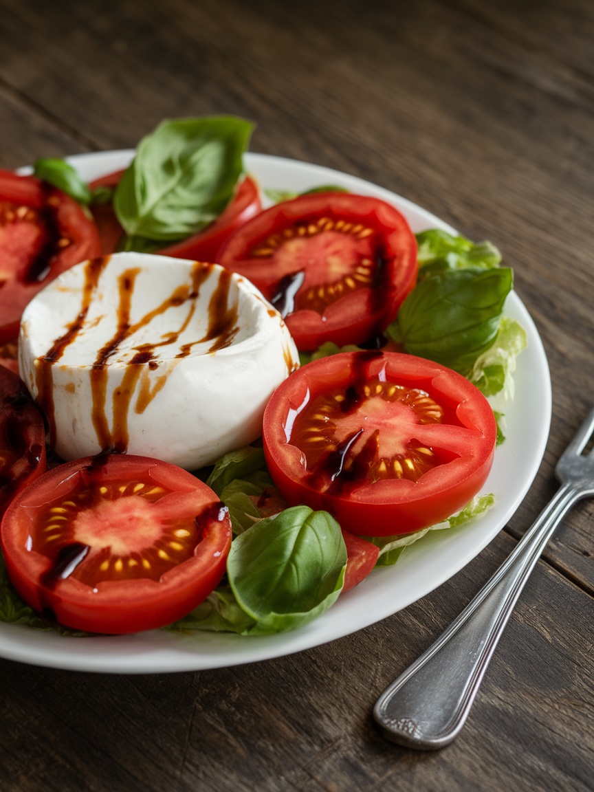 Quick and Refreshing 20 Minute Tomato and Burrata Salad 20 Minute Tomato and Burrata Salad with tomatoes, burrata cheese, and fresh basil on a wooden table.