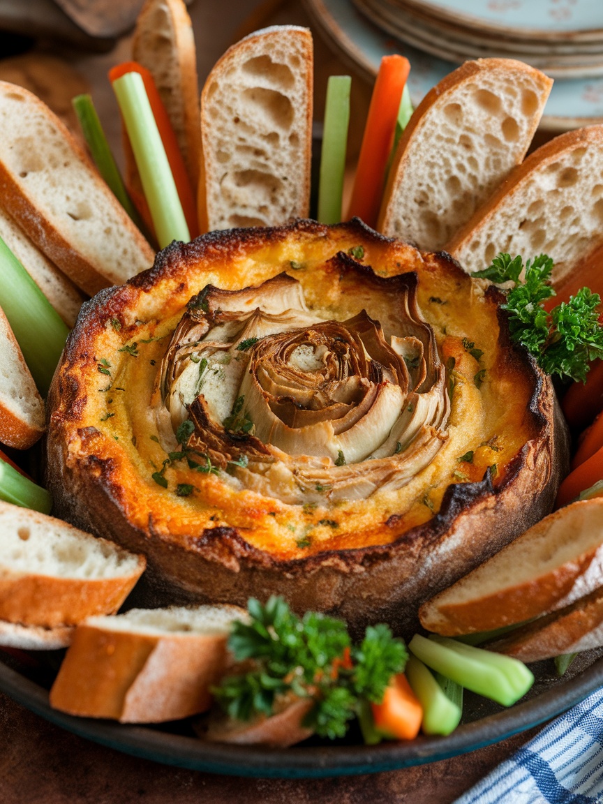 Creamy and Delicious Easy Baked Artichoke Dip Recipe A warm and cheesy baked artichoke dip with baguette slices and vegetables on the side.
