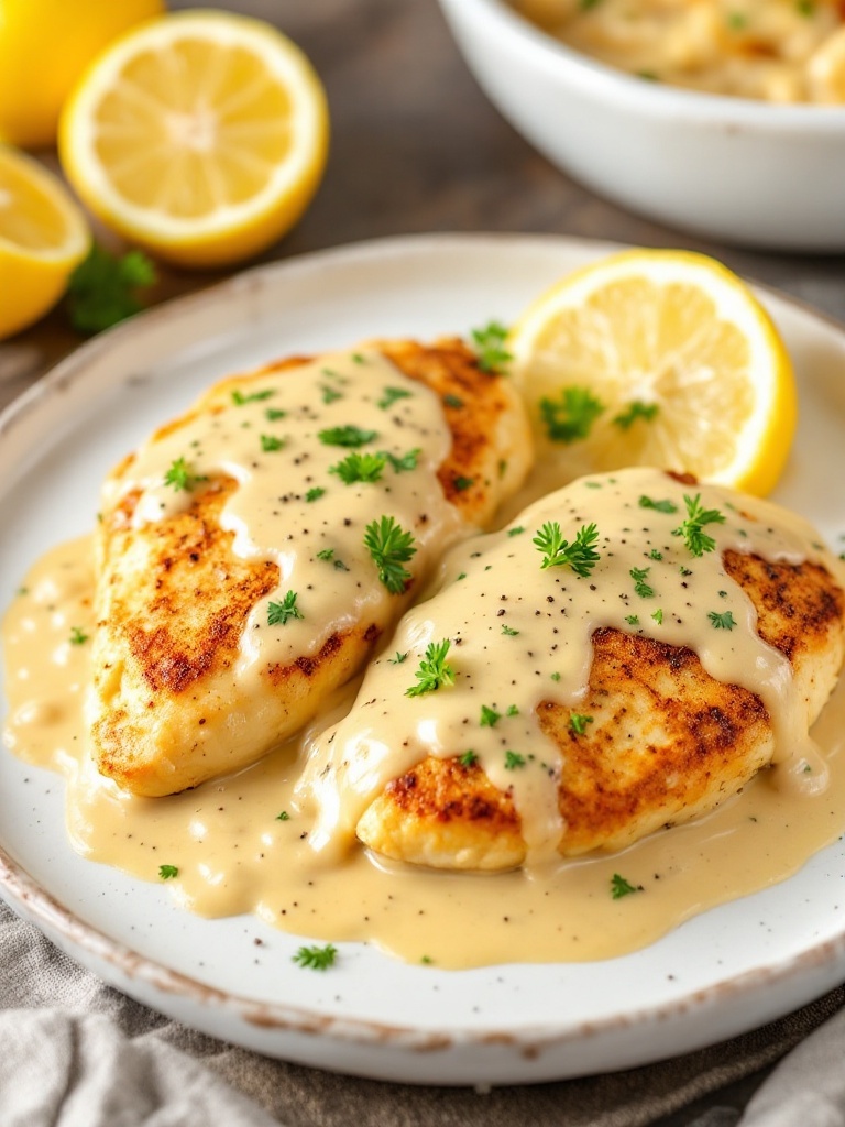 Creamy Lemon Pepper Chicken Recipe Creamy lemon pepper chicken on a plate, garnished with parsley and lemon wedges.